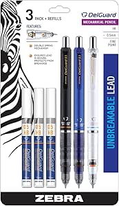 Zebra Pen DelGuard Mechanical Pencil, Fine Point, 0.5mm, Black/Blue/White Barrel, Lead Refills, Refillable, 3-Pack (58603)