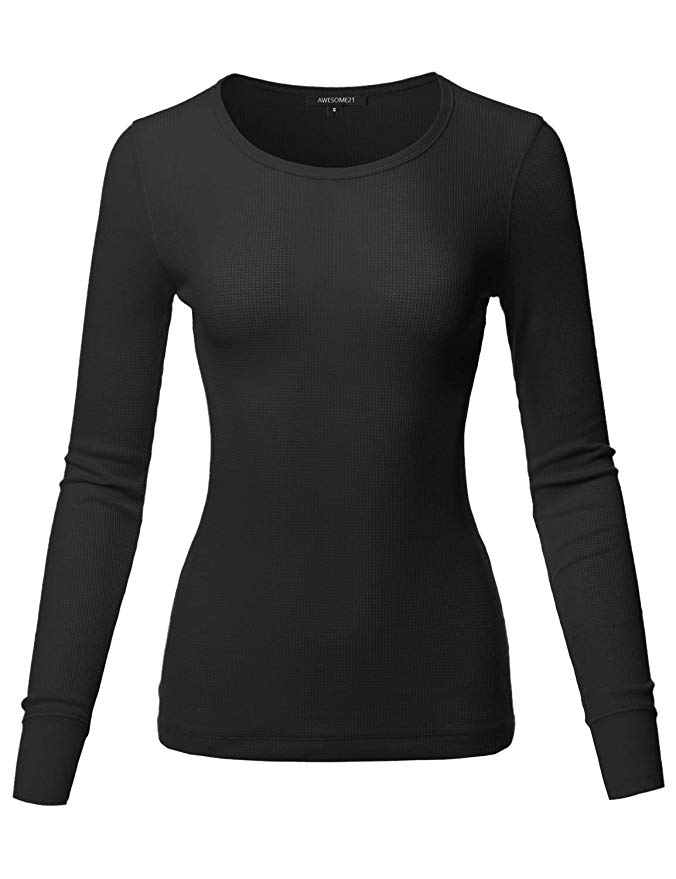 Awesome21 Women's Casual Solid Basic Crew Neck Long Sleeves Thermal Top
