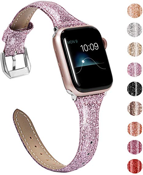 Wearlizer Rose Pink Thin Glitter Leather Compatible with Apple Watch Bands 42mm 44mm Womens iWatch Slim Wristband Glistening Strap Replacement Bracelet with Silver Metal Clasp Series 5 4 3 2 1 Edition