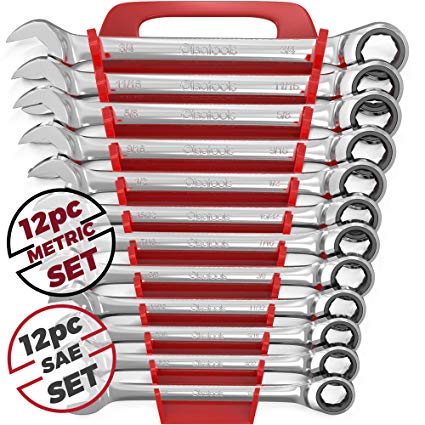 12pc SAE Ratcheting Wrench Set - 100 Teeth Ratchet Combination Wrenches - Patented Box End That Works On Stripped and Rounded Bolts - Professional Grade Ratchet Wrench Set for Mechanics| by Olsa Tools