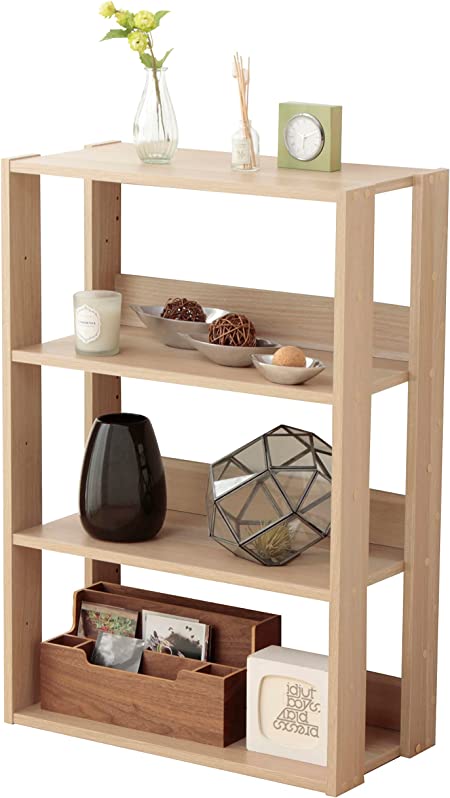 IRIS USA 3 Tier Height Adjustable Wooden Bookshelf, Simple Wide Bookcase, Natural Shelving, Light Brown