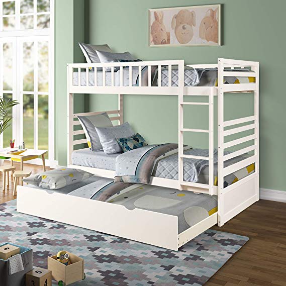 Twin Over Twin Bunk Bed for Kids Teens, Detachable Wood Twin Bunk Bed Frame with Trundle