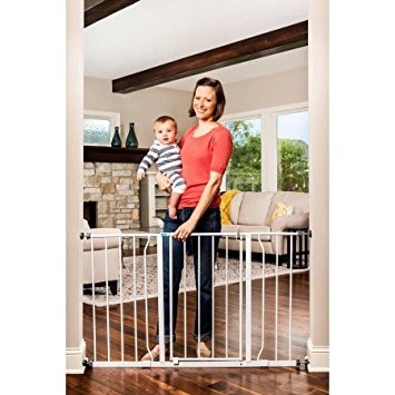 Regalo Easy Open 50 Inch Wide Baby Gate, Pressure Mount, Great for Kids and Pets (White Baby Gate with 2 Extension Kits)