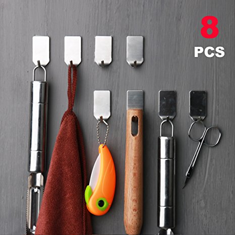 8 PCS Self Adhesive Stick Mini Robe Hook Cloth Hooks Wall Hanger Key Organizer for Bathroom and Kitchen, Stainless Steel Brushed
