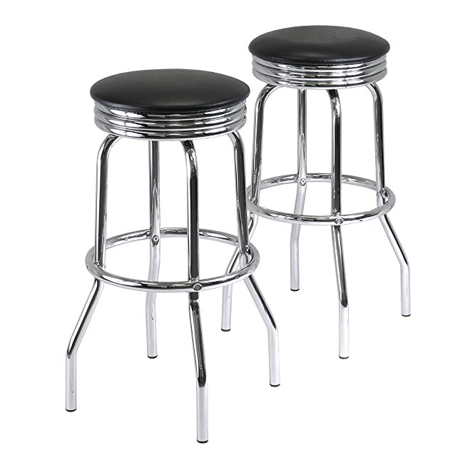 Winsome Wood Summit Swivel Bar Stools with Metal Legs, Black Faux Leather Seat, Set of 2