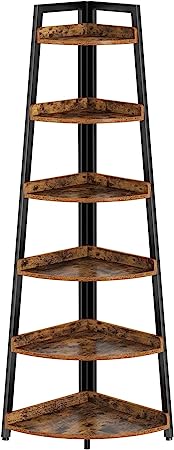 Rolanstar Corner Shelf, 6-Tier Corner Bookshelf, Rustic Brown Corner Shelf Unit, Tall Corner Ladder Shelf, Corner Plant Stand for Living Room, Home Office, Kitchen