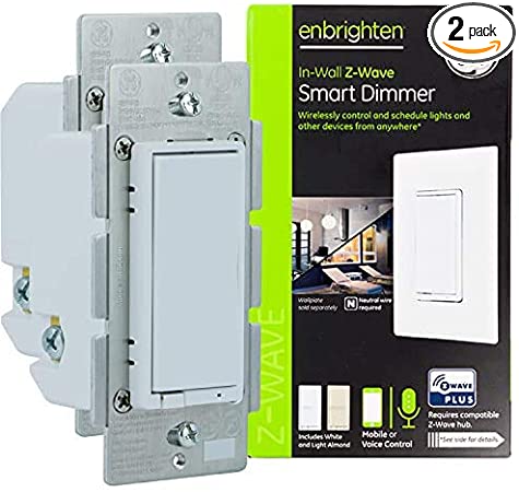 GE Enbrighten Z-Wave Plus Smart Dimmer, Full Dimming, in-Wall White & Light Almond Paddles, Repeater/Range Extender, Zwave Hub Required, Works with Ring, SmartThings, Wink, Alexa, 2-Pack, 54558
