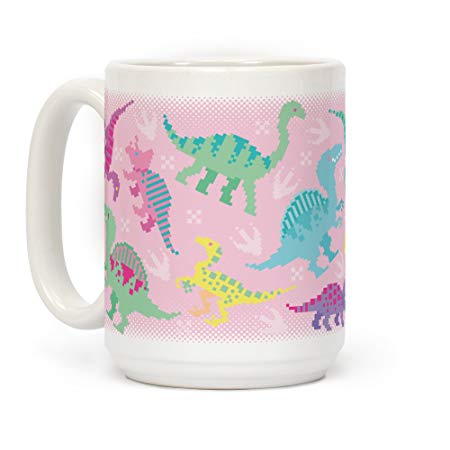 LookHUMAN Cute Pastel Pixel Dinosaurs White 15 Ounce Ceramic Coffee Mug