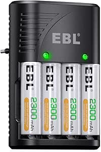 EBL 6802 Caricabatterie Universale, Carica Rapida per AA & AAA & 9V Batterie Ricaricabili, Caricatore Intelligente con LED Indicatore 4 pcs AA 2300mAh Pile Ricaricabili