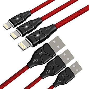 Aimus Phone Charger Cable, 3 Pack 6FT Cotton Braided Data Cable Line with LED Light USB Charger Cable Gaming Charging Cable Cord Compatible for iPhone X/8/8 Plus/7/7 Plus/6/6s/5/5S, iPad and iPod- Red