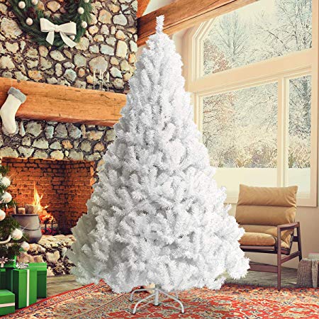 Goplus Artificial Christmas Tree Xmas Pine Tree with Solid Metal Legs Perfect for Indoor and Outdoor Holiday Decoration (7 feet, White)