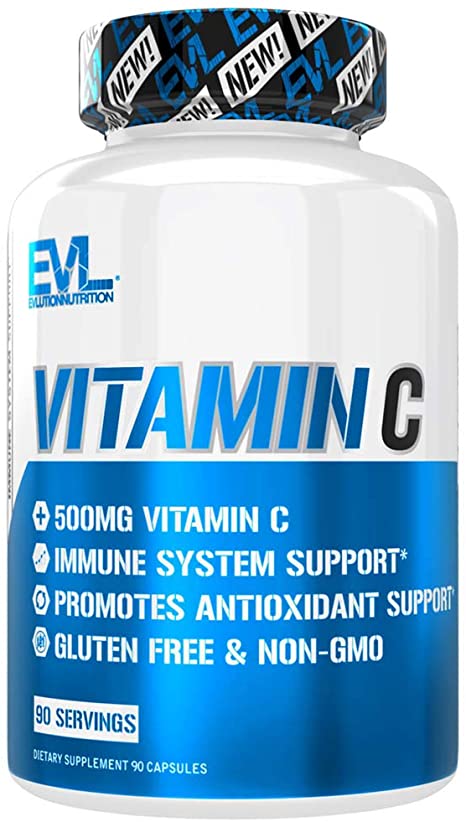 Evlution Nutrition Vitamin C, 500 mg of High Potency Vitamin C in Each Serving, Immune System and Antioxidant Support, Gluten Free, Non-GMO, 90 Capsules, 3 Month Supply