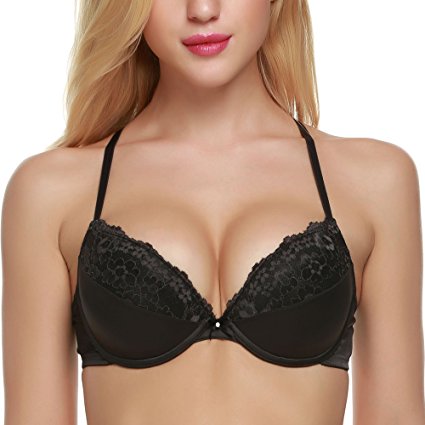 Ekouaer Women's Lace Padded Underwire Demi Plunge Push Up Bra 32A-42DDD