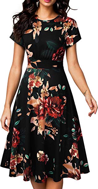 HOMEYEE Women's Short Sleeve Floral Casual Aline Midi Dress A102