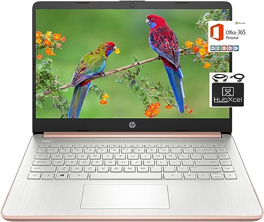 HP 2022 Newest 14 inch HD Laptop Computer, Intel Celeron N4000 up to 2.6 GHz, 4GB DDR4, 64GB eMMC Storage, WiFi, Webcam, HDMI, Bluetooth, 1 Year Microsoft 365,Windows 10 S, Rose Gold  HubxcelCables