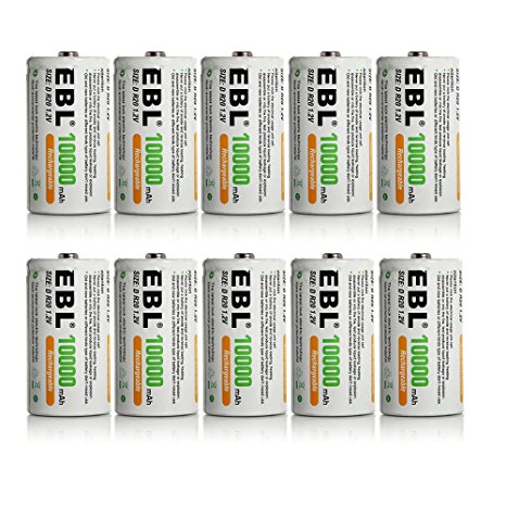 10 Pack EBL D Size D Cell 10,000mah High Capacity High Rate NiMH Rechargeable Batteries