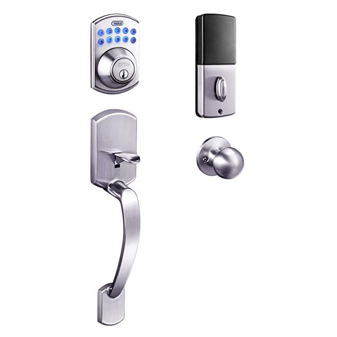 Keypad Deadbolt, Tacklife Electronic Keypad Lock Single Cylinder Front Door Handleset with Polo Knob Featuring 1-Touch Motorized Locking and Easy to Install, Satin Nickel- EKPH1A