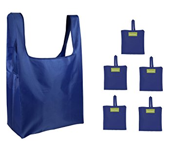 BeeGreen Reusable Gift Shopping Bags Set 5 Pack Navy Blue, Custom Grocery Tote Bags Foldable into Attached Pouch, Ripstop Polyester Large Folding Tote, Washable, Durable and Lightweight