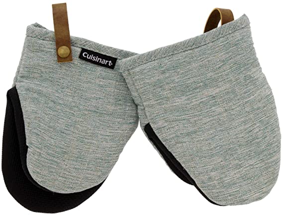 Cuisinart Chambray Neoprene Mini Oven Mitts, 2pk - Heat Resistant Kitchen Gloves to Protect Hands, Non-Slip Grip, Faux Leather Loop - Ideal Set for Handling Hot Cookware, Bakeware - Sage