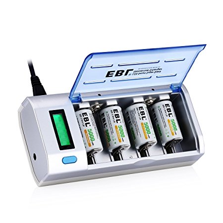 EBL LCD Universal Battery Charger & Discharge with 4 Pack Upgraded 5000mAh Ni-MH C Size Rechargable Batteries