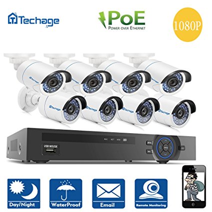 Techage 8CH 1080P POE NVR CCTV System Indoor Outdoor Waterproof Home Security Surveillance Kit With 8PCS IP Camera, Without Hard Drive