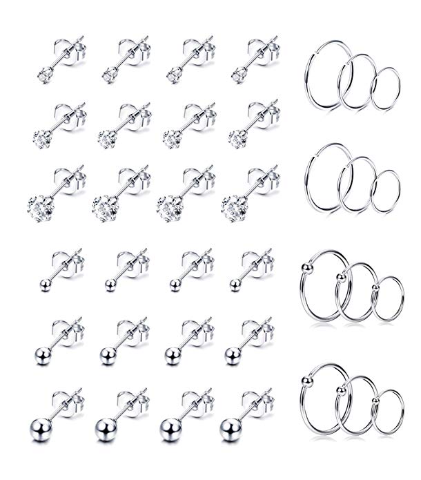 Milacolato 12-24 Pairs Tiny Stainless Steel Stud Earrings For Mens Womens Small Endless Hoops Earrings Set CZ Ball Stud For Lip Tragus Cartilage Piercing Jewlry