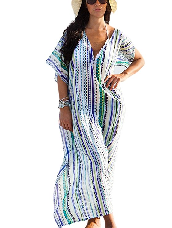 Bsubseach Women's Print Chiffon/Rayon Swimwear Turkish Kaftans Swimsuit Cover up Caftan Beach Long Dress