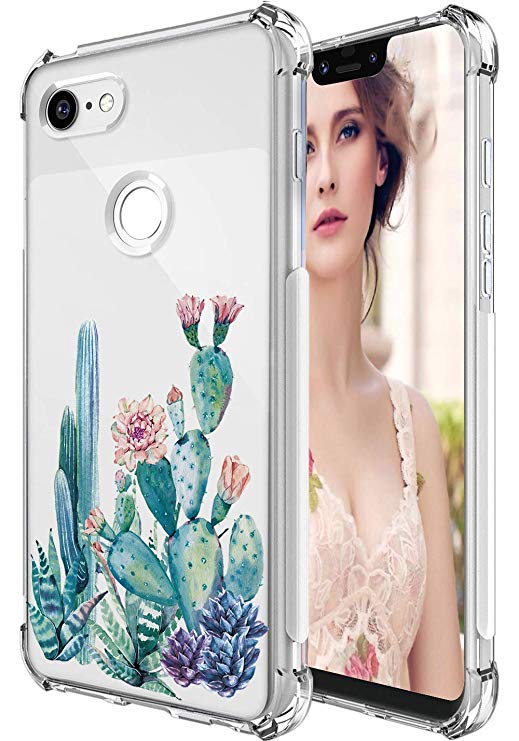 Google Pixel 3 XL Case,Pixel 3 XL Case with Flower,LUOLNH Slim Shockproof Clear Floral Pattern Soft Flexible TPU Back Cover for Google Pixel 3 XL (Cactus)