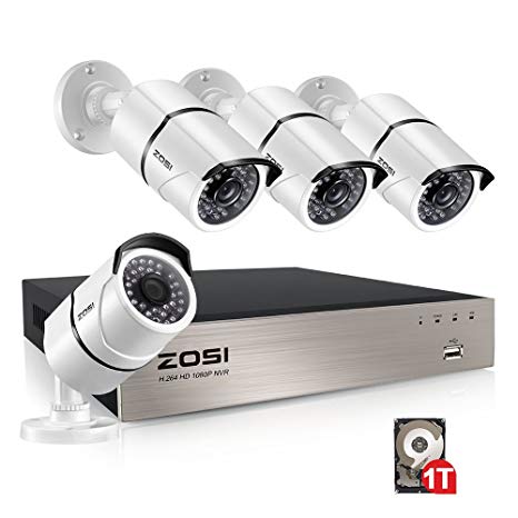 ZOSI 4 Channel 1080P POE CCTV System 4 x 2.0 MP Outdoor CCTV Camera 1TB Hard Drive 30m Night Vison