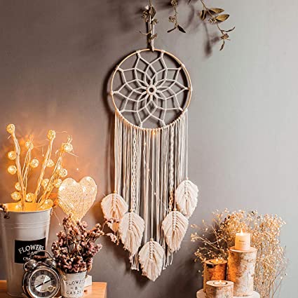Nice Dream Macrame Dream Catcher Woven Feather Large Wall Hanging Handmade Dreamcatcher Boho Tassels Decoration Home Decor Ornament Craft Gift, 36 x 12 inches (Beige)