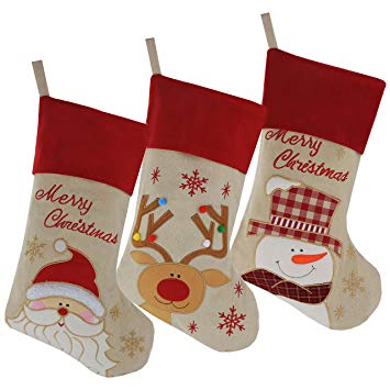 WEWILL Lovely Christmas Stockings Set of 3 Santa, Snowman, Reindeer, Xmas Character 3D Plush Linen Hanging Tag Knit Border (1)