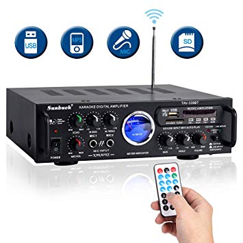 Sunbuck Wireless Karaoke Bluetooth Power Amplifier System - 600W 2 Channel Sound Stereo Audio Speaker Receiver w/USB, SD, FM Radio, 2 Mics in Control for Home Theater with Remote Control (TAV-339BT)