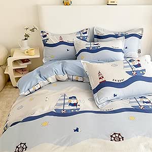 MorroMorn Blue Duvet Cover Queen for Boys 100% Cotton, 3 Pcs Bed Set Cute Bedding Sets, 1 Comforter Cover 2 Pillow Cases, Soft Breathable Sweat-Absorbent Kids Teen Toddler (Skipper, Full/Queen)