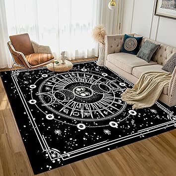 6' x 9' Sun and Moon Rug Boho Celestial Area Rugs for Bedroom Dorm Living Room Bohemian Occult Crescent Solar Stars Floor Mat Pad Doormat Carpet,180 X 275cm,Black2