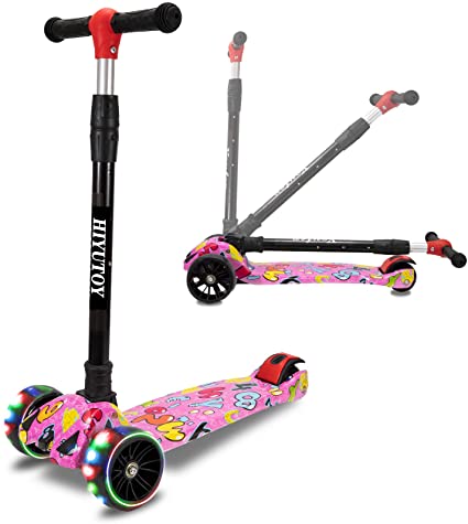 HIYUTOY Kick Scooter 3 Wheel Scooter,Adjustable Height Kids Scooter,Lean to Steer with Extra-Wide PU LED Light Up Wheels,for Boys & Girls from 3 to 12 Years Old