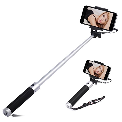 Selfie Stick, Evershop Extendable Battery Free Wired Selfie Stick for iPhone 6S/6S Plus/6/6 Plus/SE,Galaxy S8/S8 Plus/S7/S7 Edge/S6 Edge/S6,Huawei P10/P10 Plus and other Smartphones(Silver)