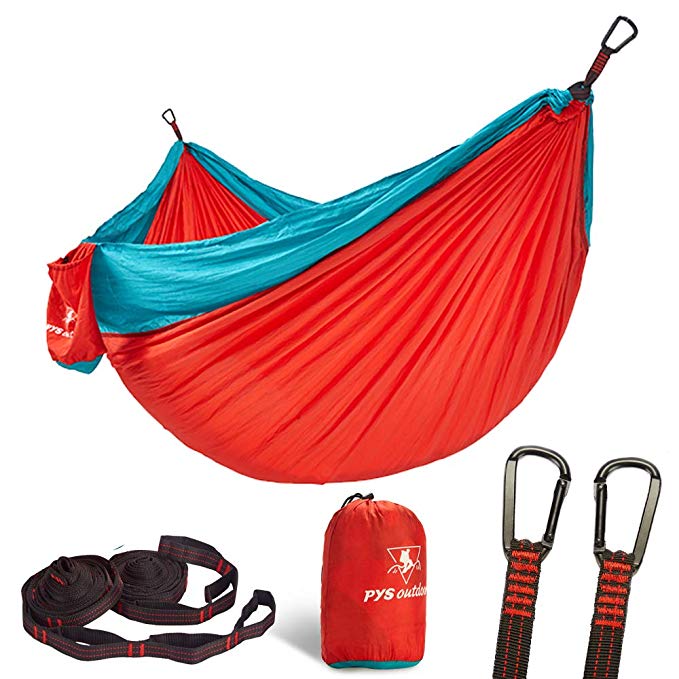 pys Double Portable Camping Hammock with Straps Outdoor -Nylon Parachute Hammock with Tree Straps Set with Max 1200 lbs Breaking Capacity, for Backpacking, Hiking, Travel (Red Lake Green)