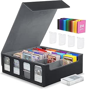 MoKo Card Storage Box for Trading Cards, 3000  MTG Deck Box with 24 Colorful Dividers & 4 Card Supporters, Commander Card Deck Case with Display Window, Fits for Magic Game Cards, YugiOh, Black Grey