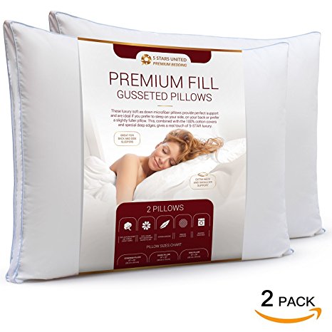 Super Plush Gusseted Pillows for Sleeping - Perfect Bedding Solution for Side and Back Sleepers. Extra Neck, Shoulder and Head Support. Premium Quality Microfiber Filling - Queen Size (2-Pack)