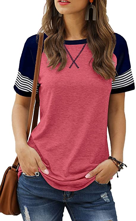 Sieanear Womens T Shirts Short Sleeve Striped Color Block Leopard Casual Tops