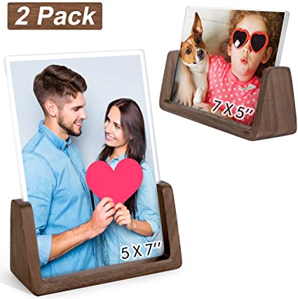 FEELSO Picture Frame Photo Display 2 Pack, 5x7 Wooden Photo Frame with Solid Walnut Wood Base and High Definition Break Free Acrylic Covers for Tabletop or Desktop Display (Horizontal   Vertical)
