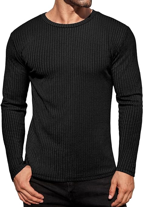 Ekouaer Men's Long Sleeves Underwear Shirts Thermal Crew Neck Blouse Stretchy Ribbed Tops Slim Fit Pullover Sweater S-XXL