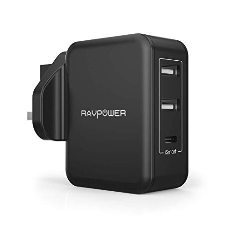 RAVPower 30W 3-Port USB Wall Charger with 5V 3A USB C Output, Charging Station with 2 iSmart 2.0 USB Ports for iPhone XS/XR/XS Max/, Galaxy S9 and All Type C Devices - Black