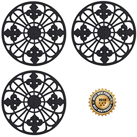 Silicone Trivet Set For Hot Dishes | Modern Kitchen Hot Pads For Pots & Pans | Fleur De Lis Design (Symbol of Royalty) Mimics Cast Iron Trivets (7.5" Round, Set of 3, Black)