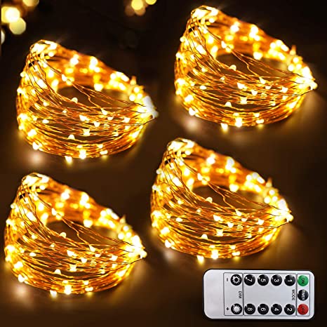 Bright Zeal 4-Pack 200 LED 8 Mode Christmas Fairy Lights Battery Operated With Remote - Warm White Multifunction Christmas Lights With Timer -Dimmable Flashing Chasing Twinkle Christmas Lights Outdoor