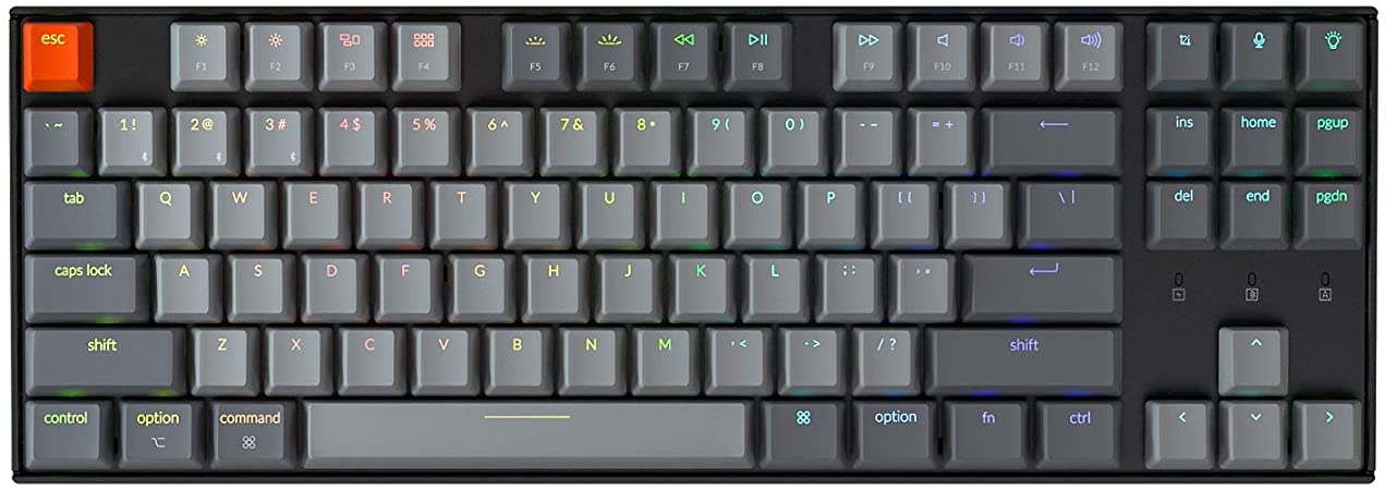 Keychron K8 Hot-swappable Wireless Bluetooth 5.1/Wired USB Mechanical Gaming Keyboard, Tenkeyless 87 Keys RGB Backlight Computer Keyboard Gateron Blue Switch N-Key Rollover for Mac Windows