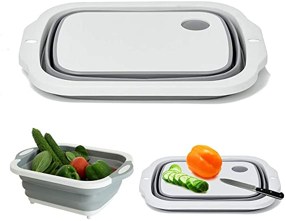 Collapsible Cutting Board with Colander Foldable Multi-function Slicing Board Dish Tub Washing Veggies Fruits Basket Sink Storage Basket for Camping BBQ