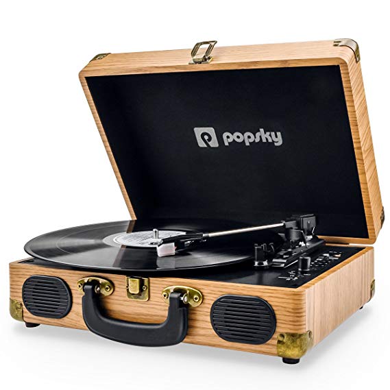 Record Player, Popsky Record Player Vinyl Turntable with 3-speed 33/45/78 RPM Bluetooth Vinyl LP Player Built-in 2 speakers /Headphone Jack/USB/AUX in/RCA output - Natural Wood