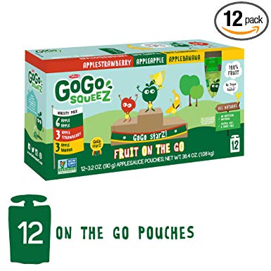 GoGo squeeZ Applesauce on the Go, Variety Pack (Apple/Banana/Strawberry), 3.2 Ounce (12 Pouches), Gluten Free, Vegan Friendly, Healthy Snacks, Unsweetened Applesauce, Recloseable, BPA Free Pouches