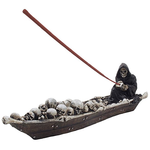 Home-n-Gifts 12-inch Scary Grim Reaper in Fishing Boat of Skulls Incense Holder, Multi-colored